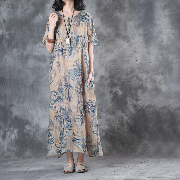 baggy summer blue prints linen dresses oversize vintage sundress short sleeve  maxi dress side open - Omychic