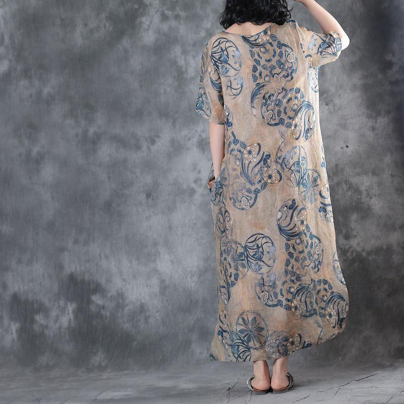baggy summer blue prints linen dresses oversize vintage sundress short sleeve  maxi dress side open - Omychic