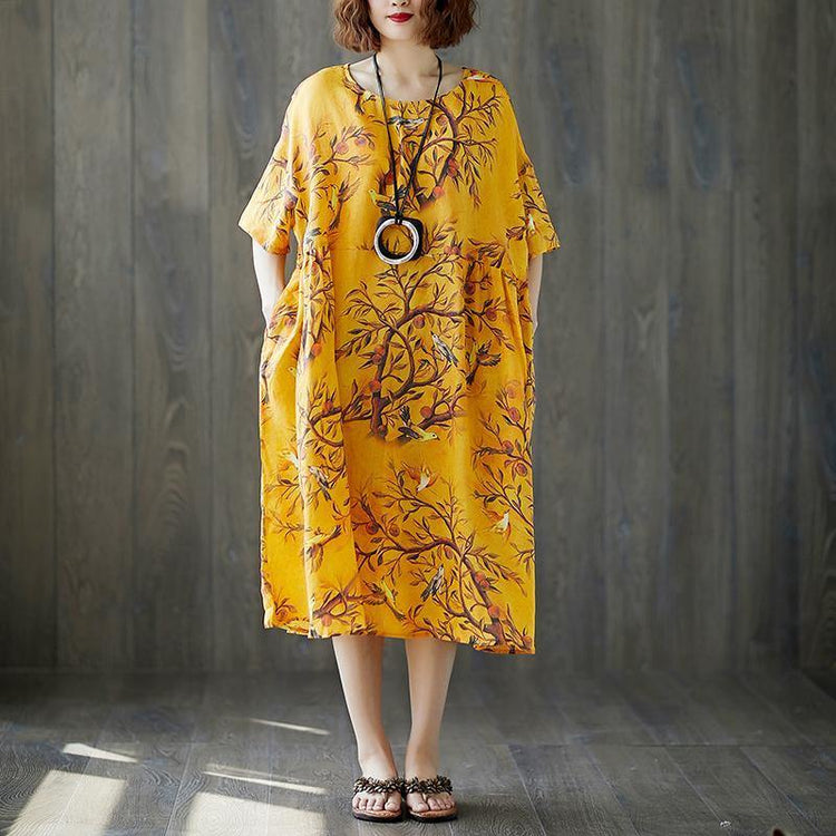 baggy summer dress Loose fitting Loose Women Short Sleeve Printed Ramie Dress - Omychic