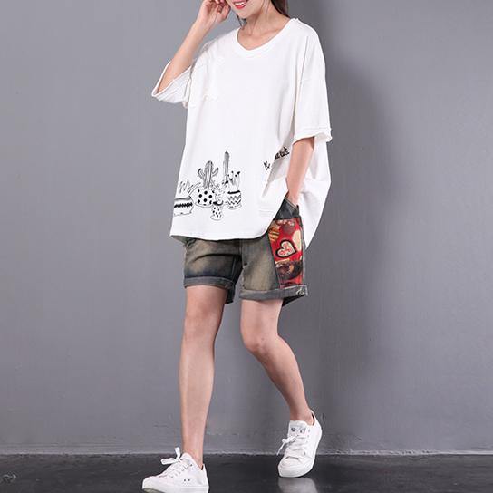 baggy summer loose white print cotton blouse plus size short sleeve t shirt - Omychic