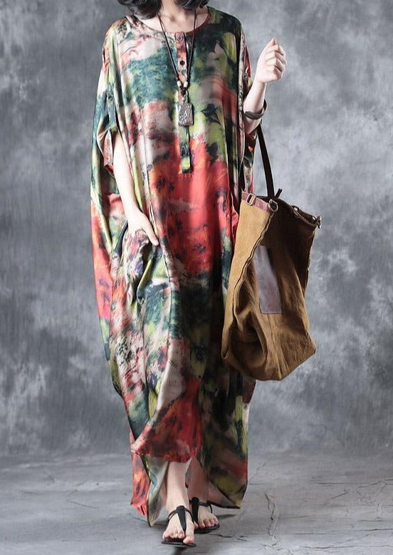 Baggy Summer Multi Vintage Chiffon Dresses Plus Size Casual Sundress Batwing Sleeve Maxi Dress - Omychic