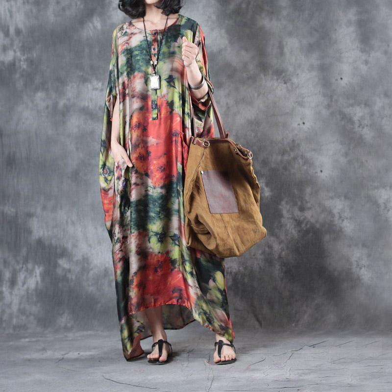 Baggy Summer Multi Vintage Chiffon Dresses Plus Size Casual Sundress Batwing Sleeve Maxi Dress - Omychic