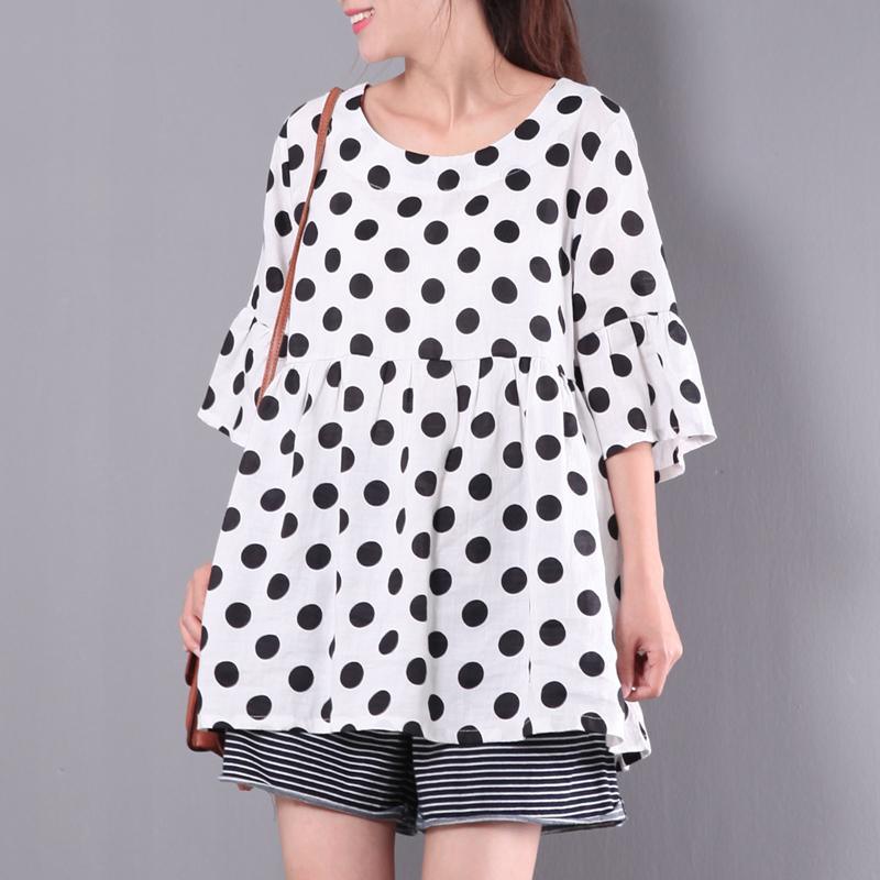 baggy summer white dotted linen tops plus size pullover ruffles half sleeve t shirt - Omychic