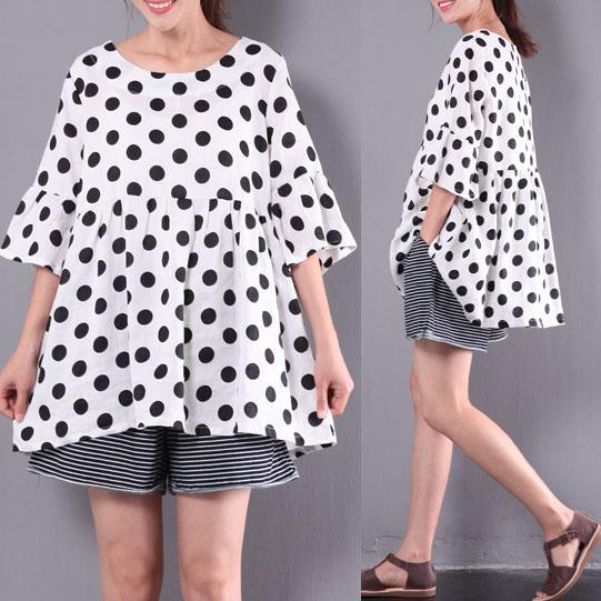 baggy summer white dotted linen tops plus size pullover ruffles half sleeve t shirt - Omychic