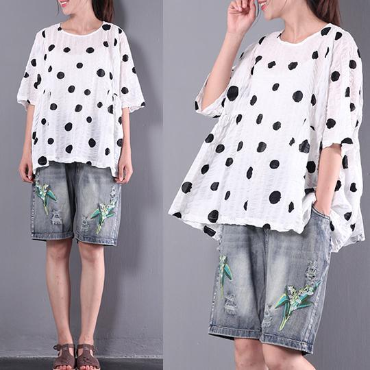 baggy white loose dotted casual cotton tops plus size pullover t shirt - Omychic