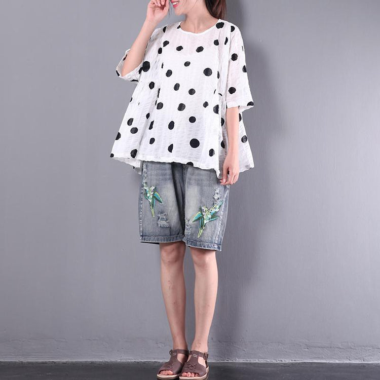 baggy white loose dotted casual cotton tops plus size pullover t shirt - Omychic