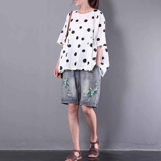 baggy white loose dotted casual cotton tops plus size pullover t shirt - Omychic