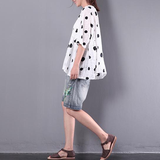 baggy white loose dotted casual cotton tops plus size pullover t shirt - Omychic