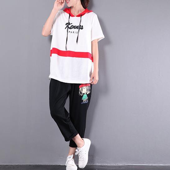 baggy white patchwork hooded tops plus size casual short sleeve t shirt - Omychic