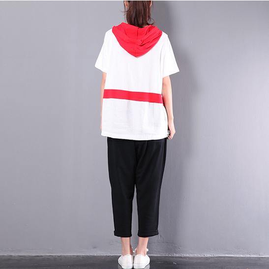baggy white patchwork hooded tops plus size casual short sleeve t shirt - Omychic