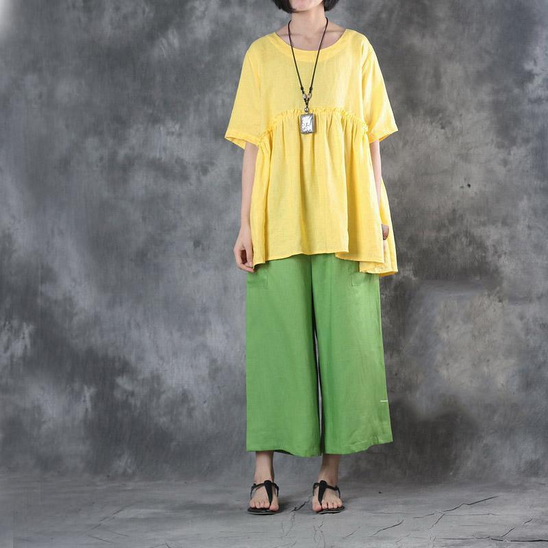 baggy yellow natural linen t shirt trendy plus size traveling clothing boutique short sleeve patchwork linen blouses - Omychic