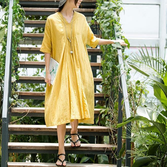 baggy yellow pure cotton dress trendy plus size cotton clothing dresses 2018 half sleeve v neck cotton dress - Omychic