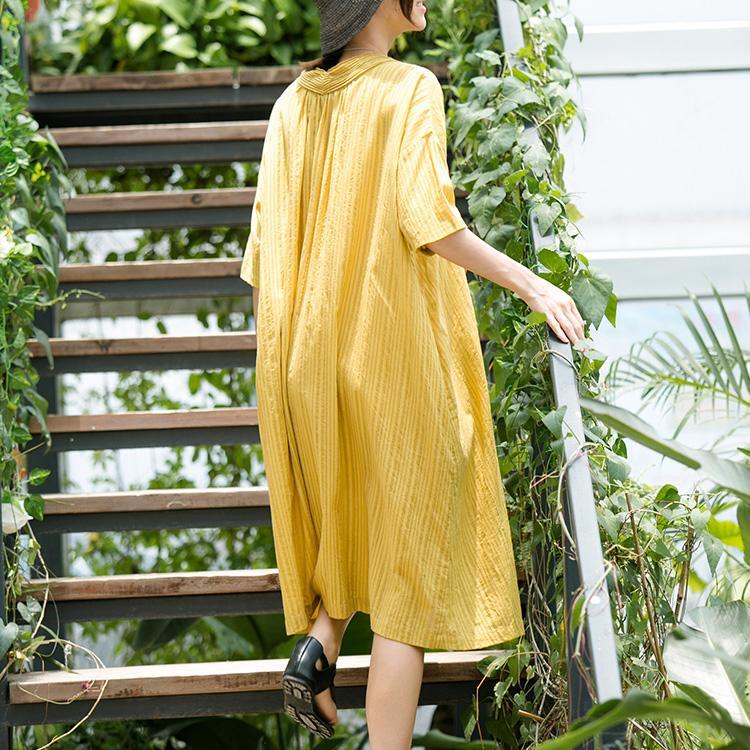 baggy yellow pure cotton dress trendy plus size cotton clothing dresses 2018 half sleeve v neck cotton dress - Omychic