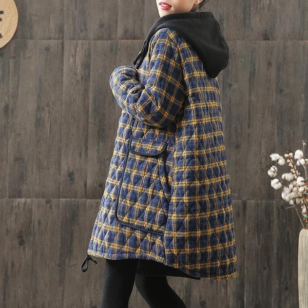 Hooded Plaid Parkas Vintage Button Coats Loose 2020 Pockets Female Casual Warm Parkas Coats - Omychic