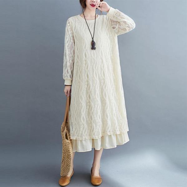 Plus Size Women Lace Long Dress New 2020 Autumn Vintage Solid Color Loose  Dresses - Omychic