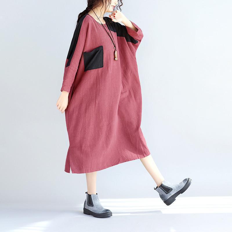 Casual Linen Women Split Spliced Red Dress - Omychic