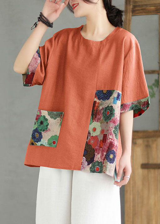 Women Orange O Neck Print Patchwork Linen T Shirt