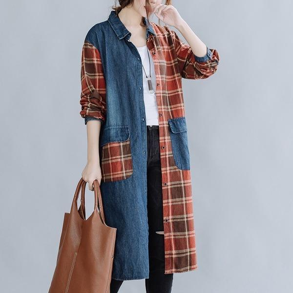 long sleeve plus size cotton denim vintage plaid women casual loose midi autumn shirt dress - Omychic