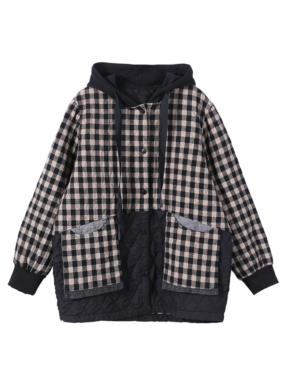 Loose Korean Style Plaid Hooded Colorblock Padded Coat