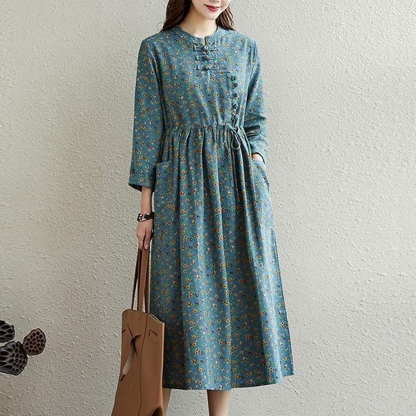 Autumn Vintage Style Floral Print Stand Collar Loose Female Casual Dresses - Omychic