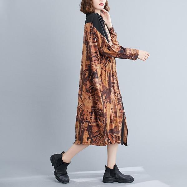 long sleeve plus size cotton vintage floral for women casual loose autumn winter dress - Omychic