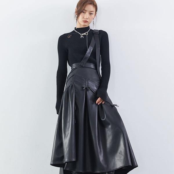 Patchwork Wrinkle Bow Solid PU Skirt Women 2020 Winter Casual Fashion Clothes - Omychic