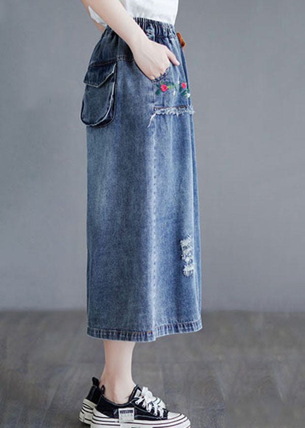 Style Blue Embroideried Pockets Elastic Waist Patchwork Cotton Skirt Summer