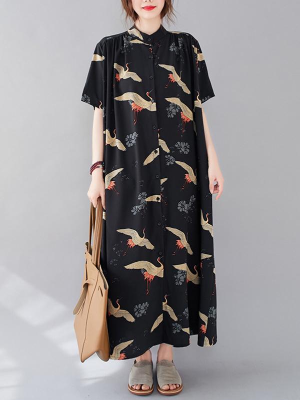 Women Summer Printed Stand Collar Shirt Dress