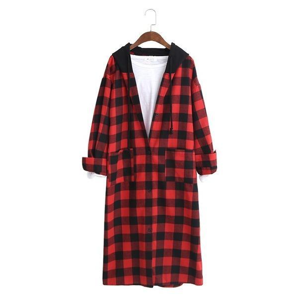 Autumn Single Breasted Hooded Casual Long Plaid Coat 2020 New Korean Long Sleeve Pockets - Omychic