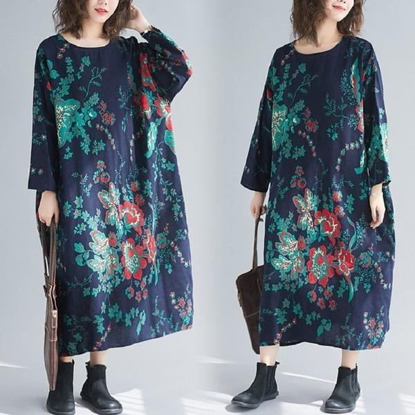 long sleeve cotton linen plus size Oversized vintage floral women casual loose autumn elegant dress clothes - Omychic