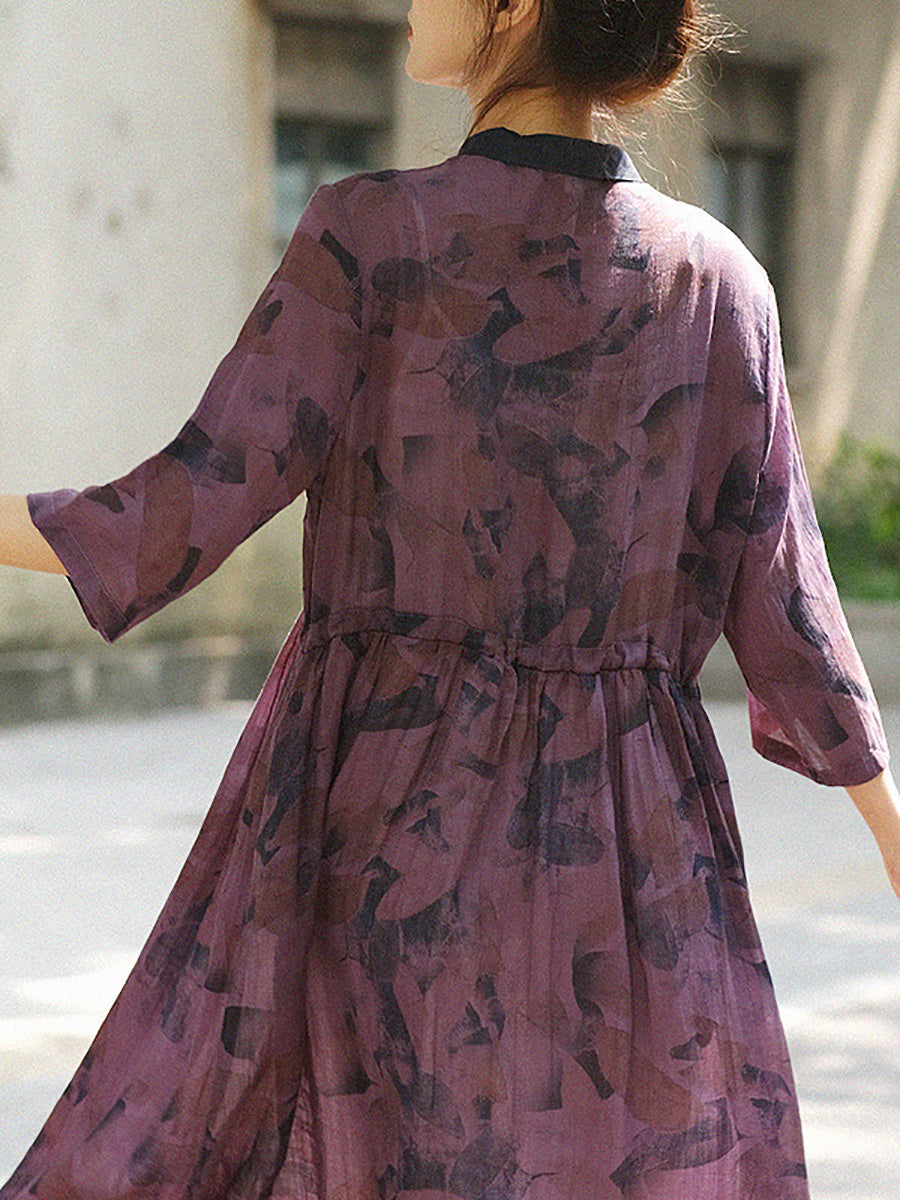 Women Summer Drawstring Print Loose Dress Half Sleeve