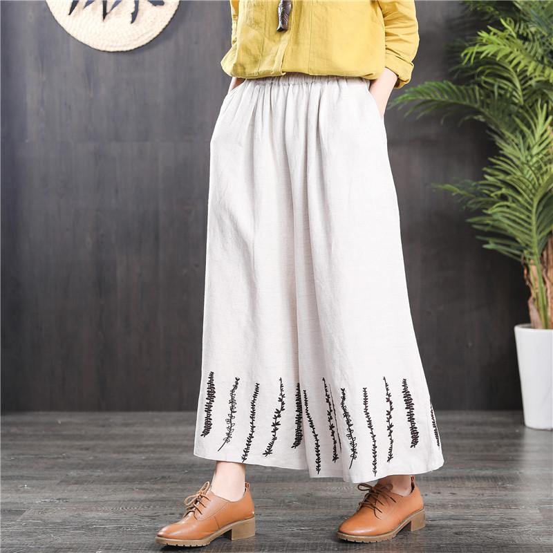 black elastic waist vintage linen pants loose embroidery casual pants - Omychic