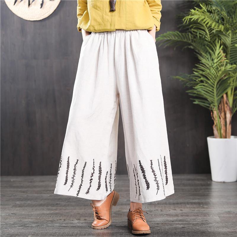 black elastic waist vintage linen pants loose embroidery casual pants - Omychic