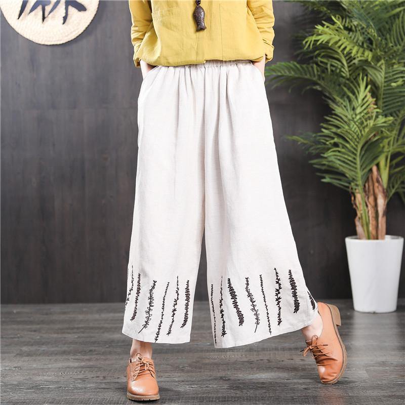 black elastic waist vintage linen pants loose embroidery casual pants - Omychic