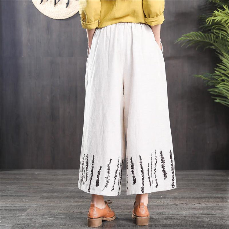 black elastic waist vintage linen pants loose embroidery casual pants - Omychic