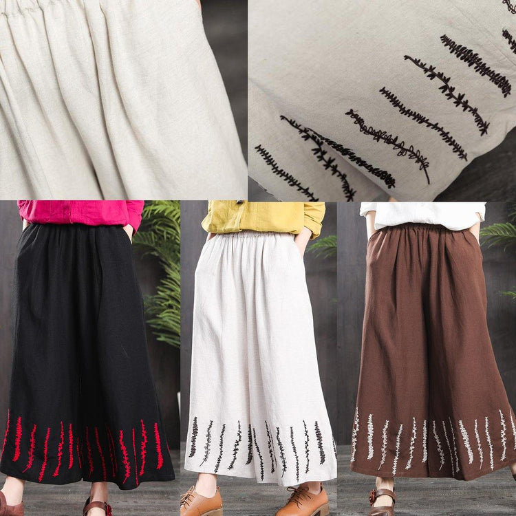 black elastic waist vintage linen pants loose embroidery casual pants - Omychic