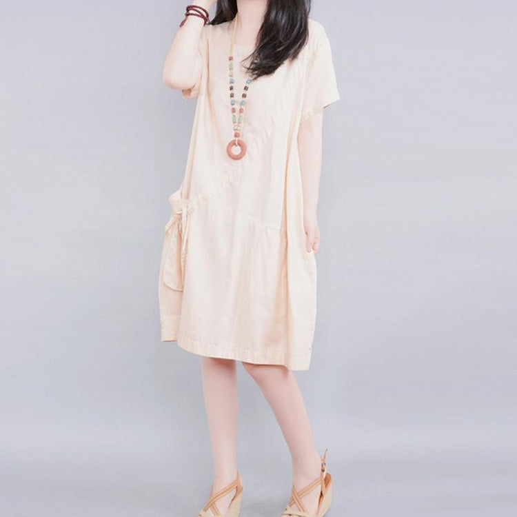 beige casual cotton sundress oversize linen sundress pockets short sleeve holiday dress - Omychic