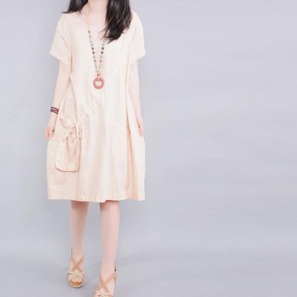 beige casual cotton sundress oversize linen sundress pockets short sleeve holiday dress - Omychic