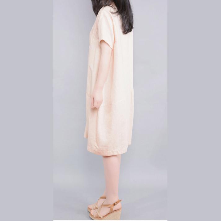 beige casual cotton sundress oversize linen sundress pockets short sleeve holiday dress - Omychic