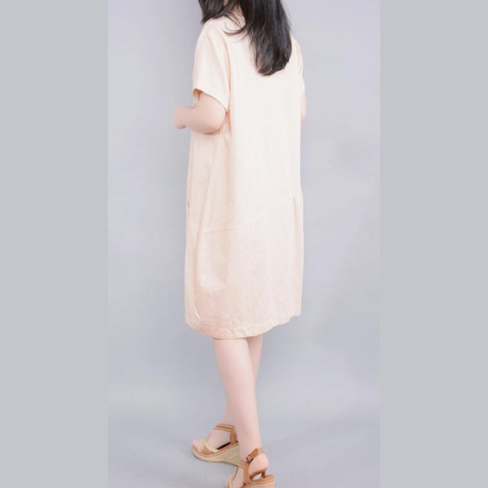beige casual cotton sundress oversize linen sundress pockets short sleeve holiday dress - Omychic