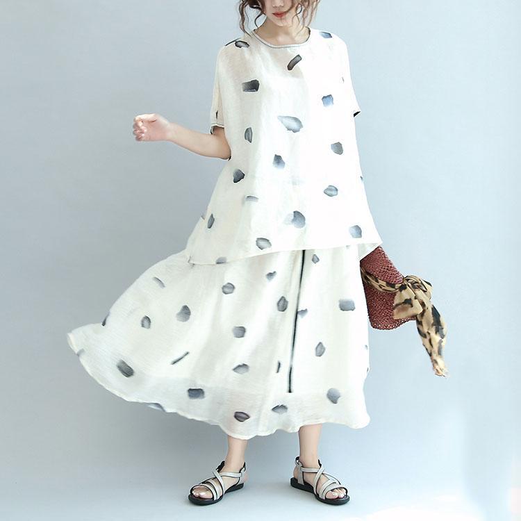 Beige Casual Dotted Linen Tops And Exra Large Hem Skirts Two Pieces - Omychic
