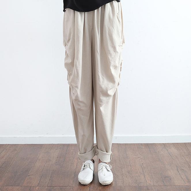 beige casual linen pants plus size harm pants - Omychic