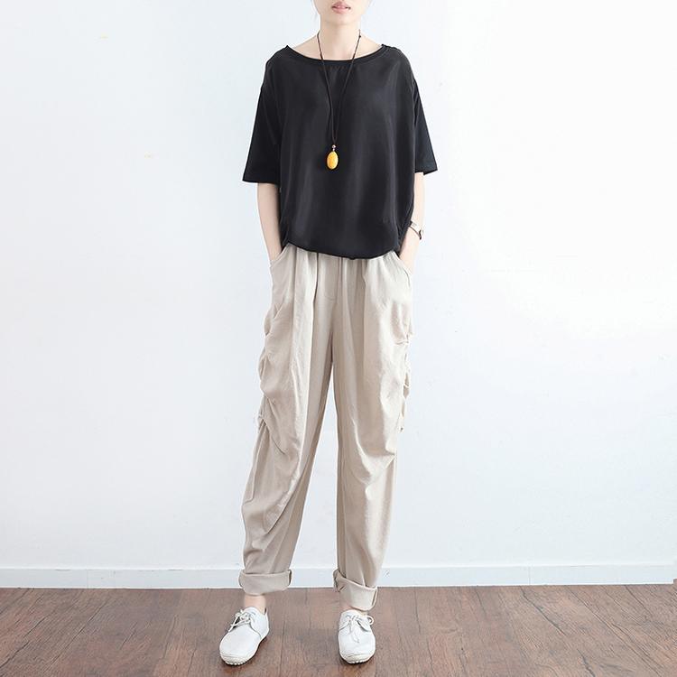 beige casual linen pants plus size harm pants - Omychic