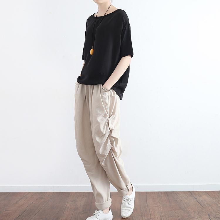 beige casual linen pants plus size harm pants - Omychic