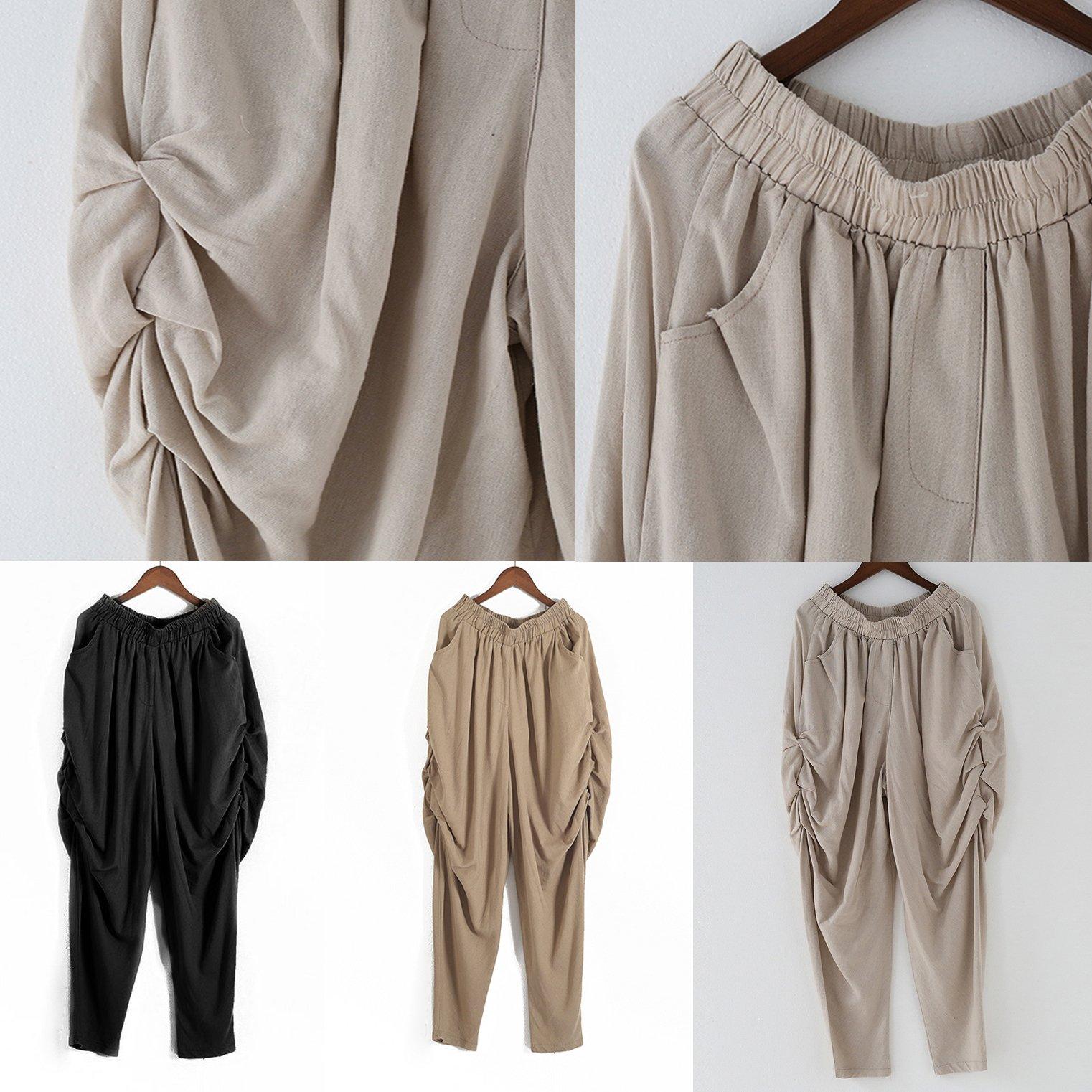 beige casual linen pants plus size harm pants - Omychic