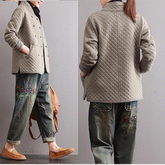 beige casual solid cotton coats plus size warm autumn long sleeve short outwear - Omychic