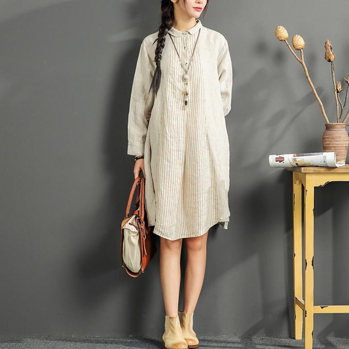 Beige Linen Sundress Oversize Casual Women Dress Striped Patchwork Shirt Dress ( Limited Stock) - Omychic