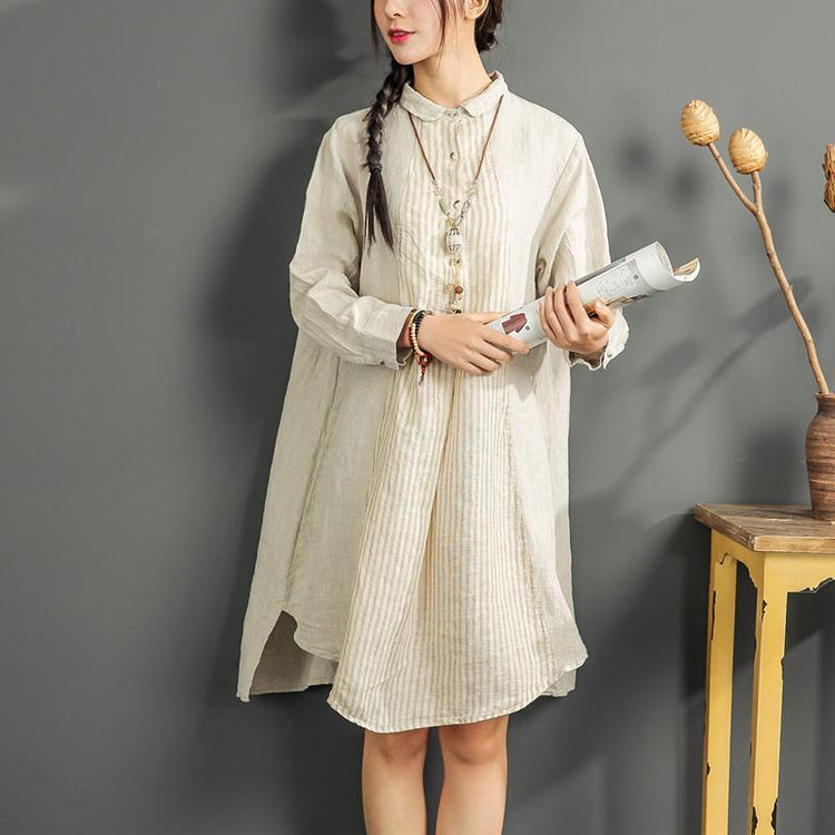 Beige Linen Sundress Oversize Casual Women Dress Striped Patchwork Shirt Dress ( Limited Stock) - Omychic