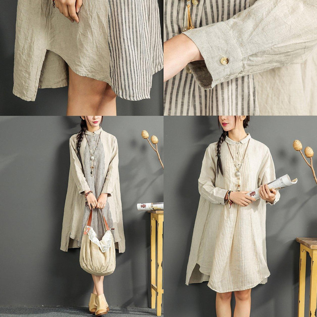 Beige Linen Sundress Oversize Casual Women Dress Striped Patchwork Shirt Dress ( Limited Stock) - Omychic