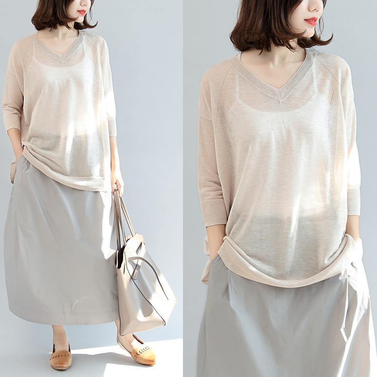 beige stylish linen blouse oversize tops long sleeve t shirt - Omychic